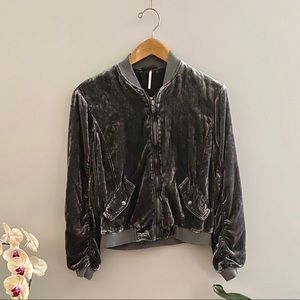 Free People Dark Gray Velour Zip Up Bomber Jacket